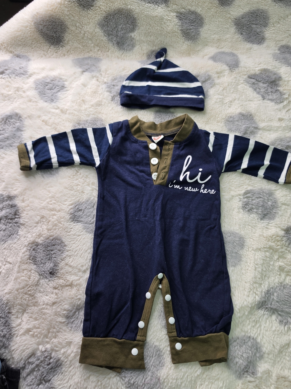 Navy Stripe Baby One-Piece with Hat - "hi I'm new here"